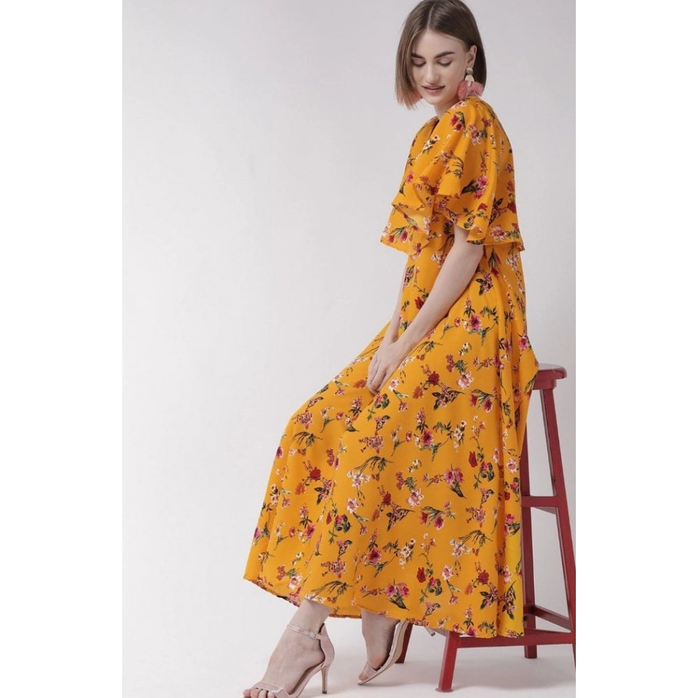 Crepe Floral Half Sleeves Full Length Gown(Yellow)