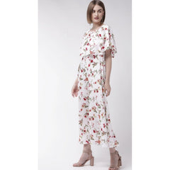 Crepe Floral Half Sleeves Full Length Gown(White)