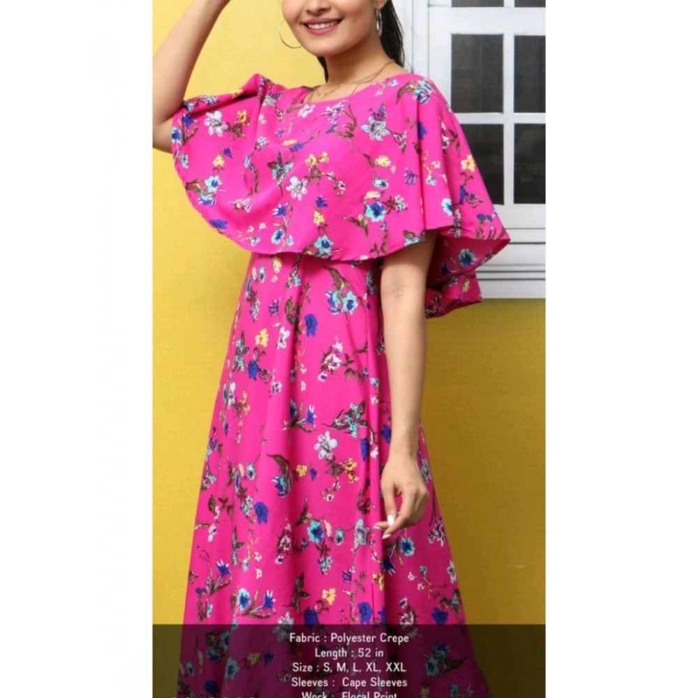 Crepe Floral Half Sleeves Full Length Gown(Pink)