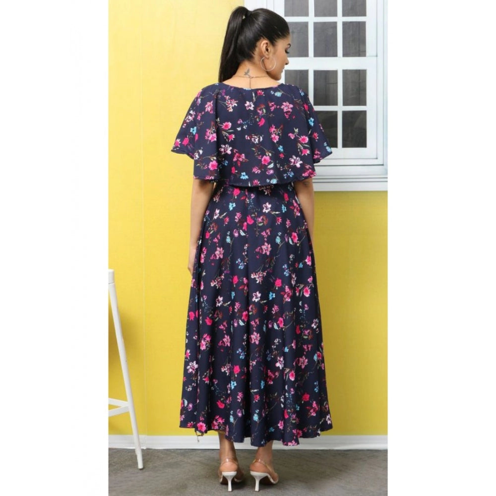 Crepe Floral Half Sleeves Full Length Gown(Dark Blue)