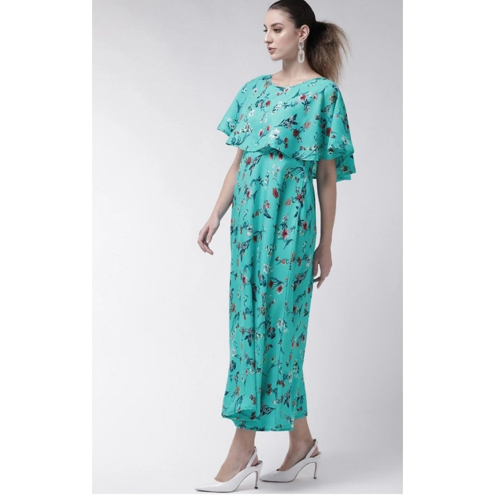 Crepe Floral Half Sleeves Full Length Gown(Turquoise)