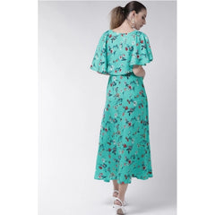 Crepe Floral Half Sleeves Full Length Gown(Turquoise)