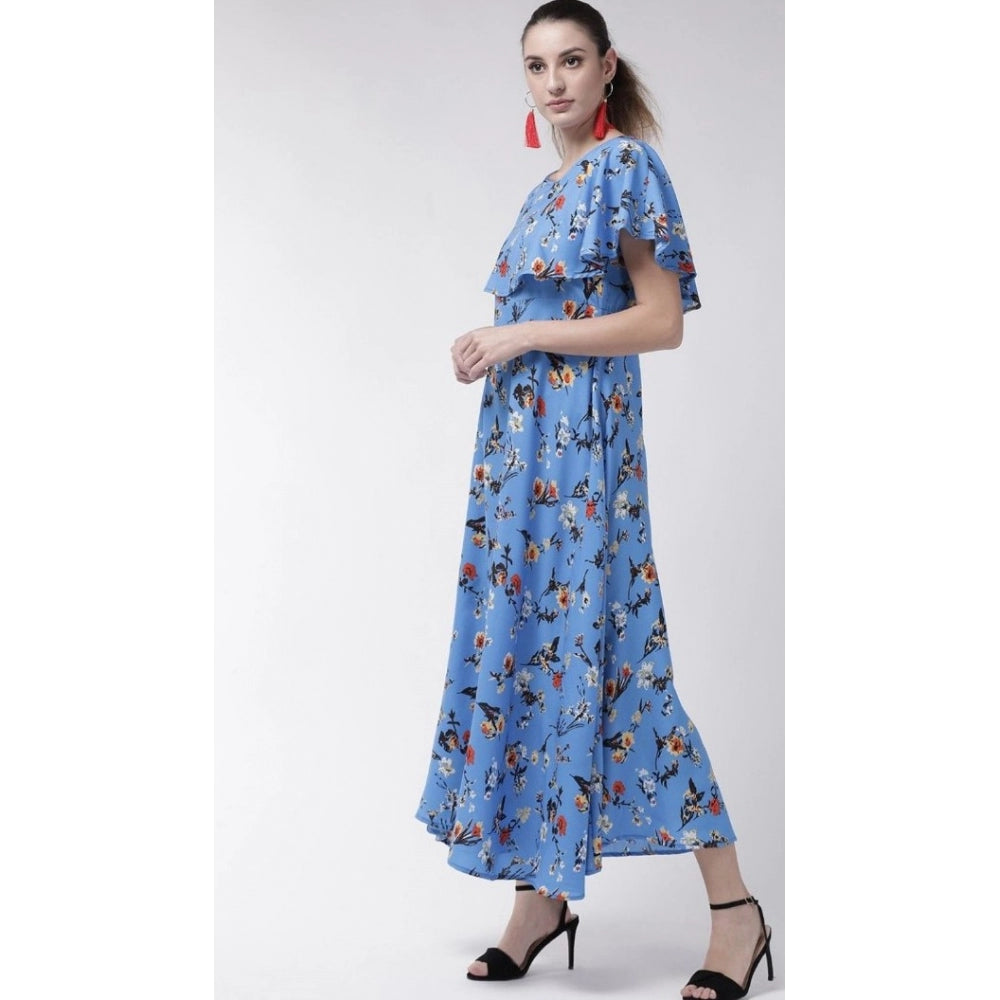 Crepe Floral Half Sleeves Full Length Gown(Blue)