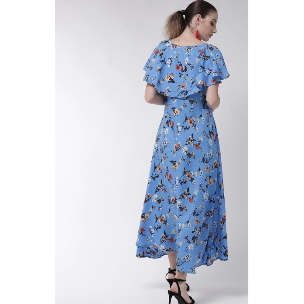 Crepe Floral Half Sleeves Full Length Gown(Blue)