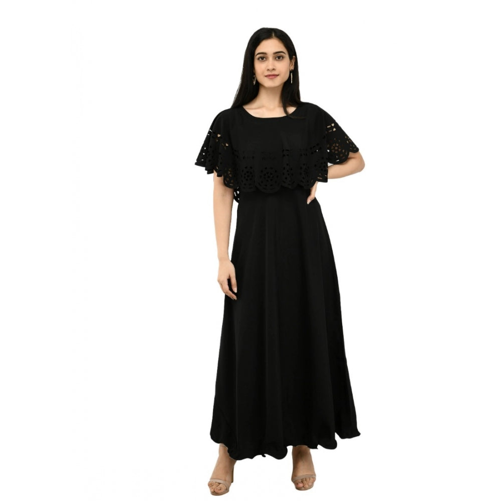 Women's Crepe Solid Sleeveless Full Length Gown(Black)