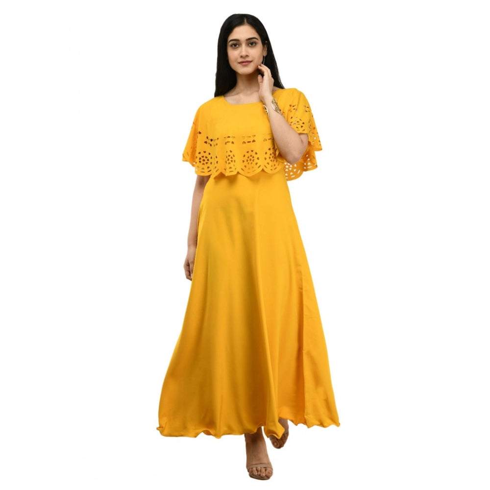 Women's Crepe Solid Sleeveless Full Length Gown(Yellow)