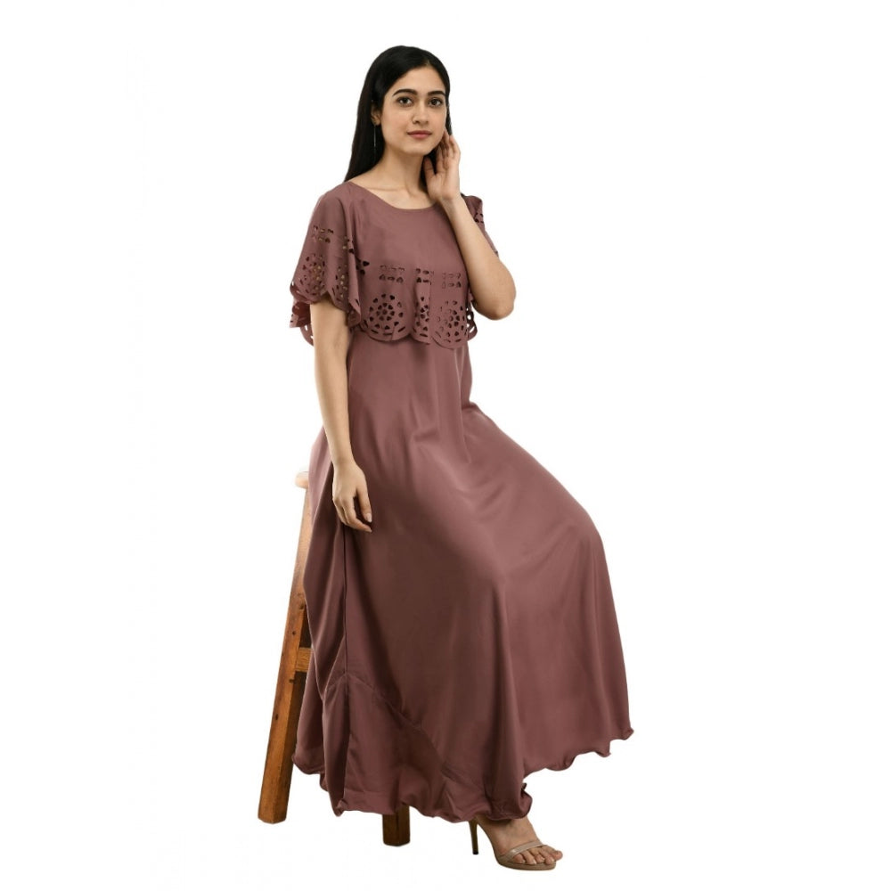 Women's Crepe Solid Sleeveless Full Length Gown(Brown)