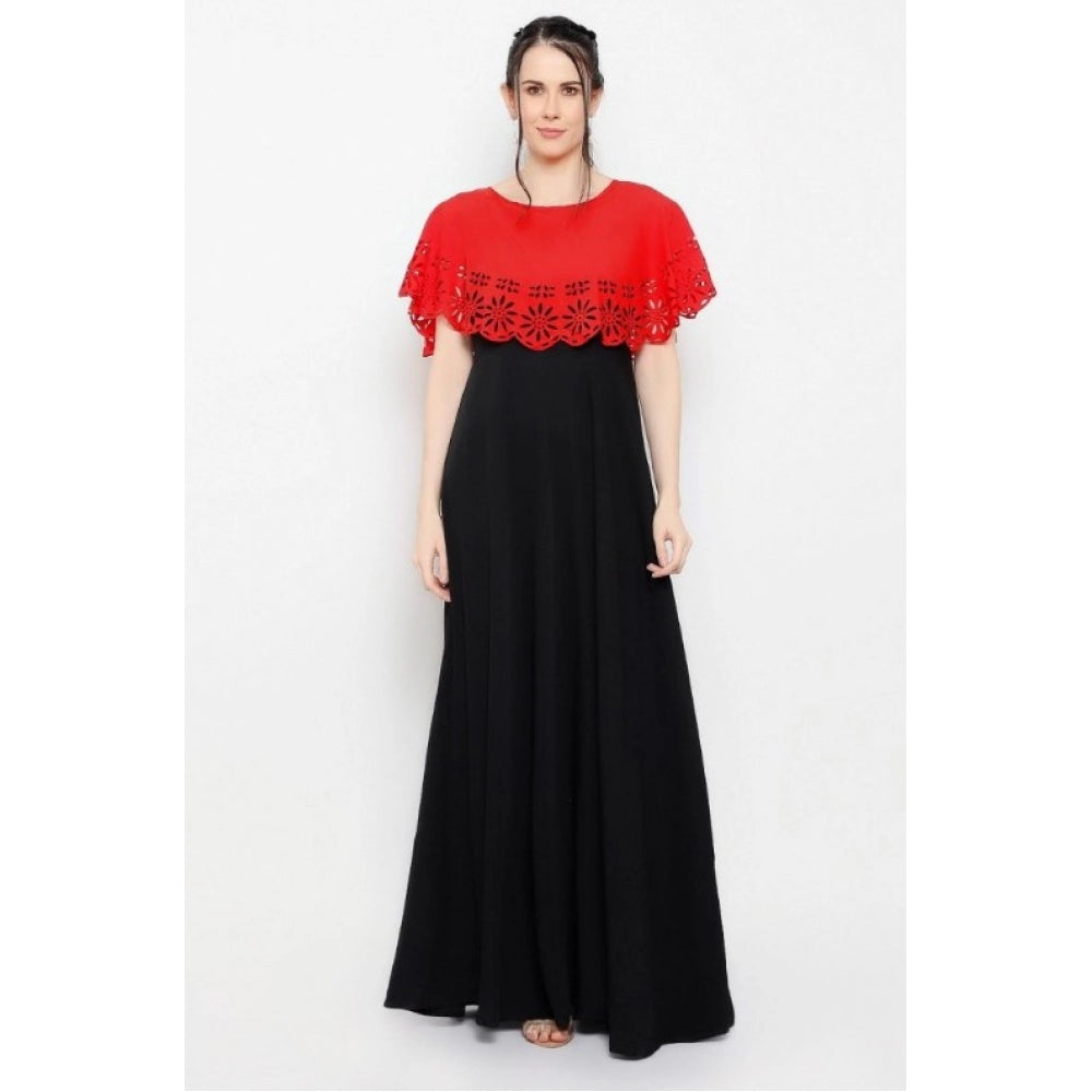 Crepe Solid Sleeveless Full Length Gown(Red Black)