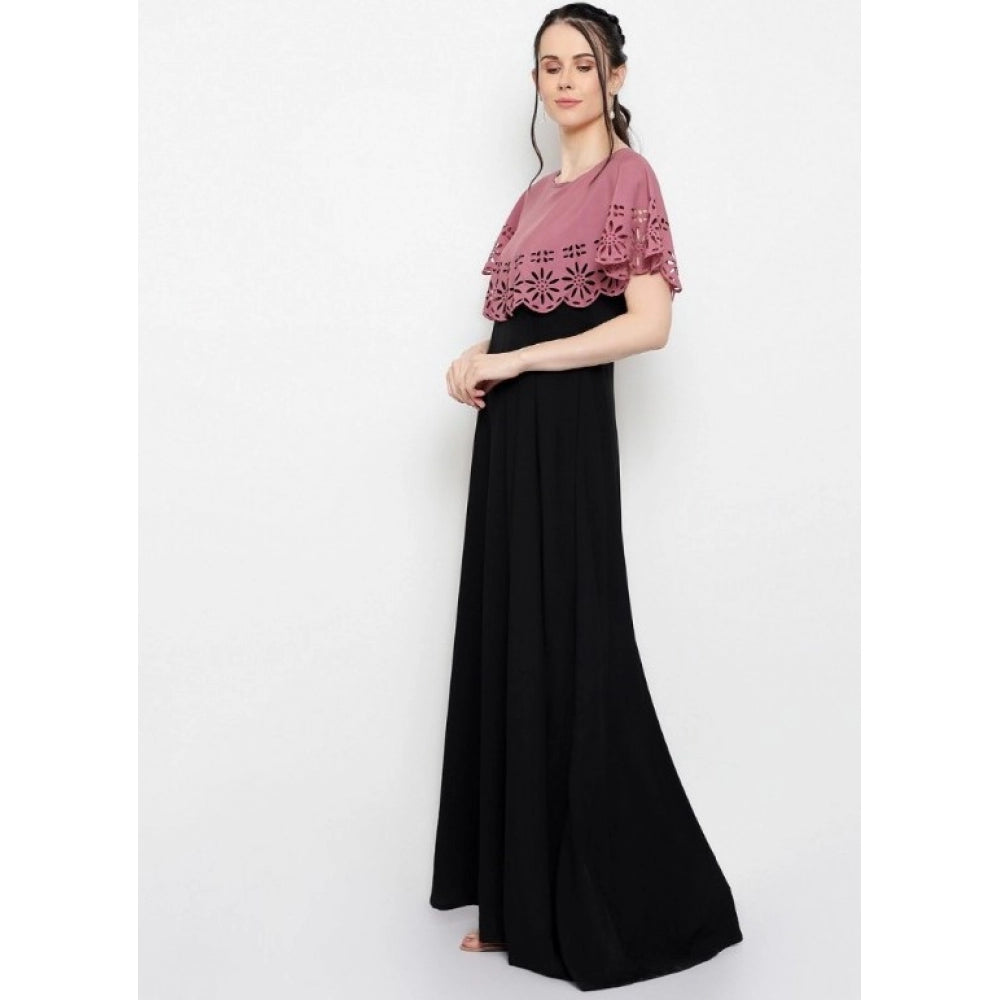 Crepe Solid Sleeveless Full Length Gown(Peach Black)