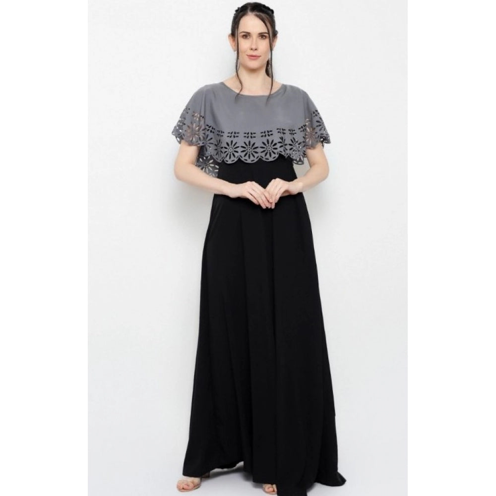 Crepe Solid Sleeveless Full Length Gown(Grey Black)