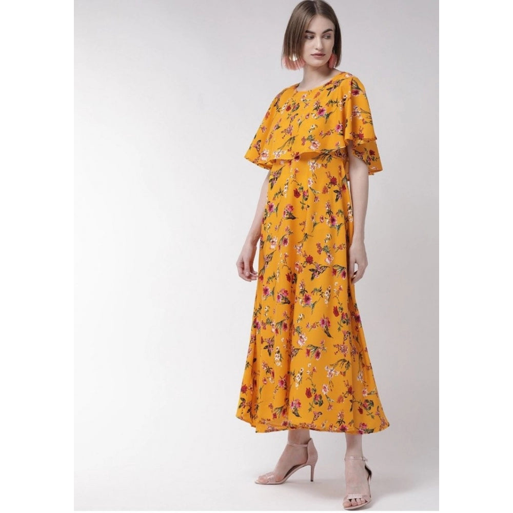 Crepe Floral Half Sleeves Full Length Gown(Yellow)