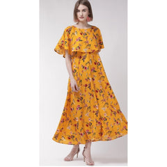 Crepe Floral Half Sleeves Full Length Gown(Yellow)