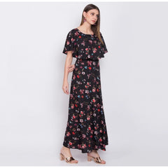 Crepe Floral Half Sleeves Full Length Gown(Black)