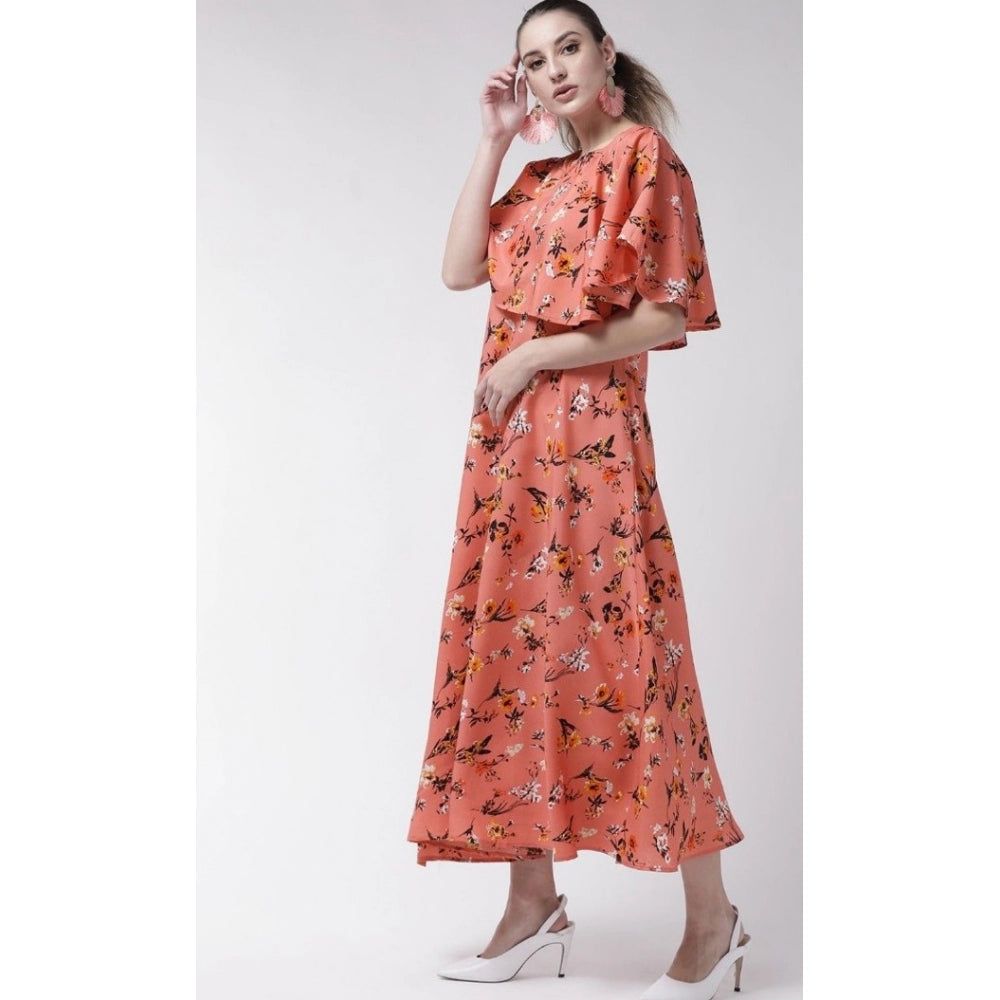 Crepe Floral Half Sleeves Full Length Gown(Orange)