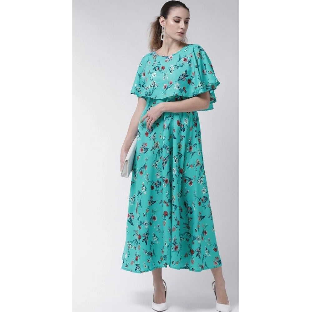 Crepe Floral Half Sleeves Full Length Gown(Turquoise)