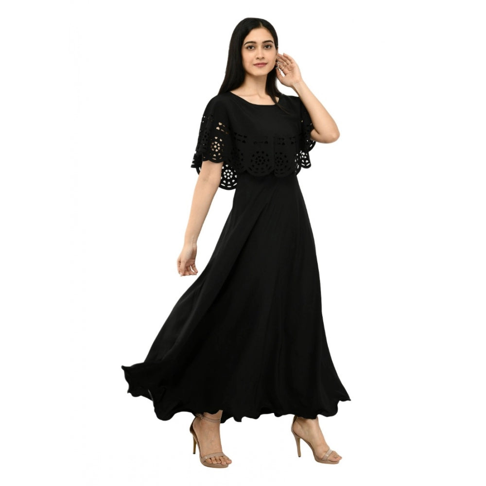 Women's Crepe Solid Sleeveless Full Length Gown(Black)