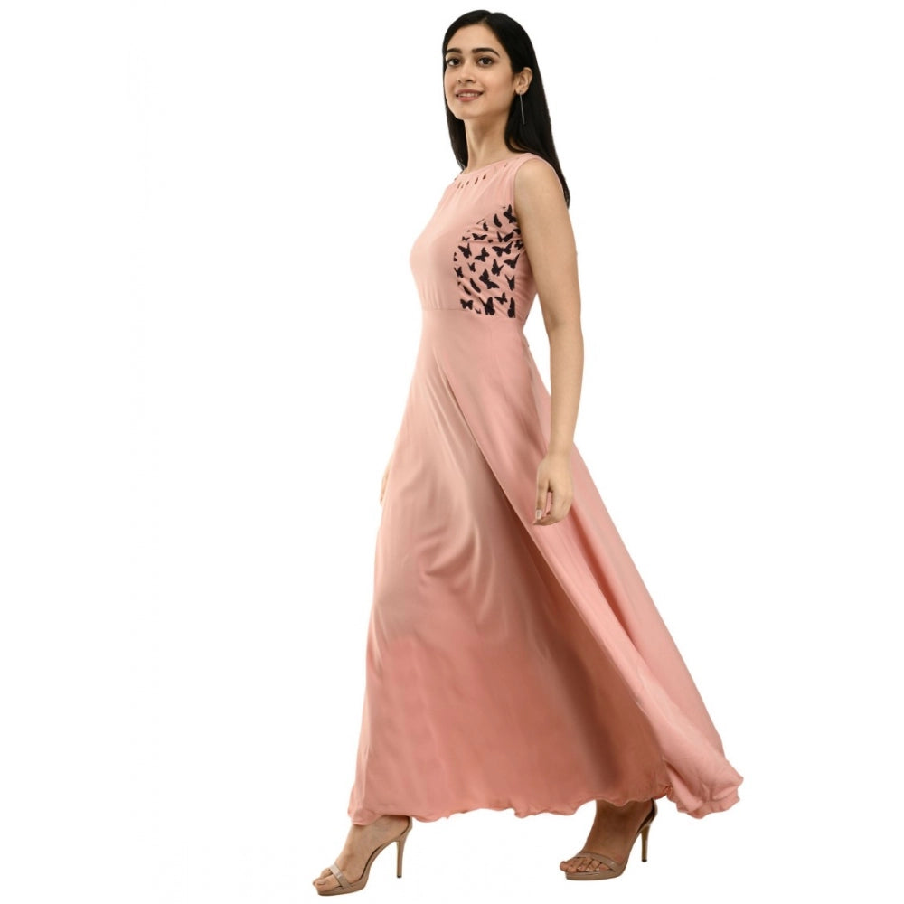 Women's Crepe Solid Sleeveless Full Length Gown(Light Peach)