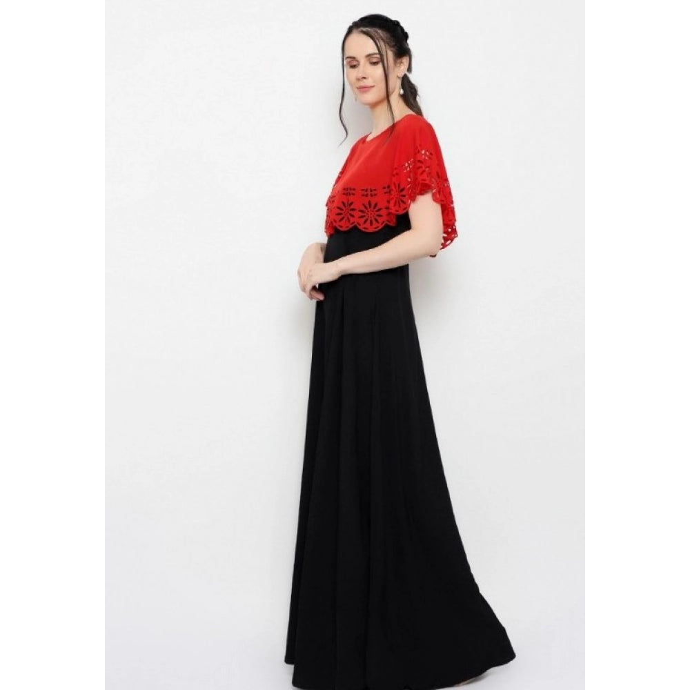 Crepe Solid Sleeveless Full Length Gown(Red Black)