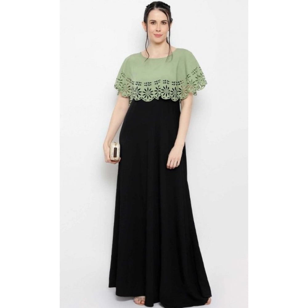 Crepe Solid Sleeveless Full Length Gown(Green Black)