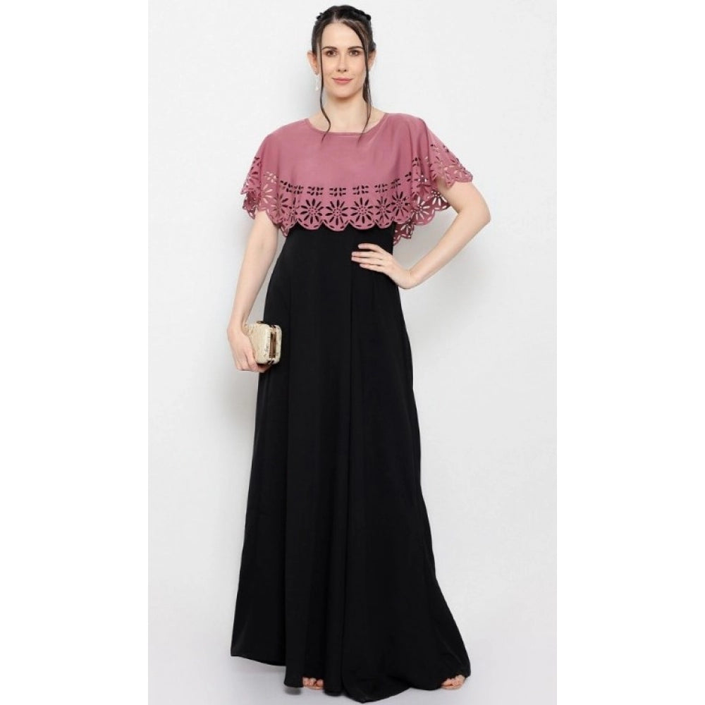 Crepe Solid Sleeveless Full Length Gown(Peach Black)