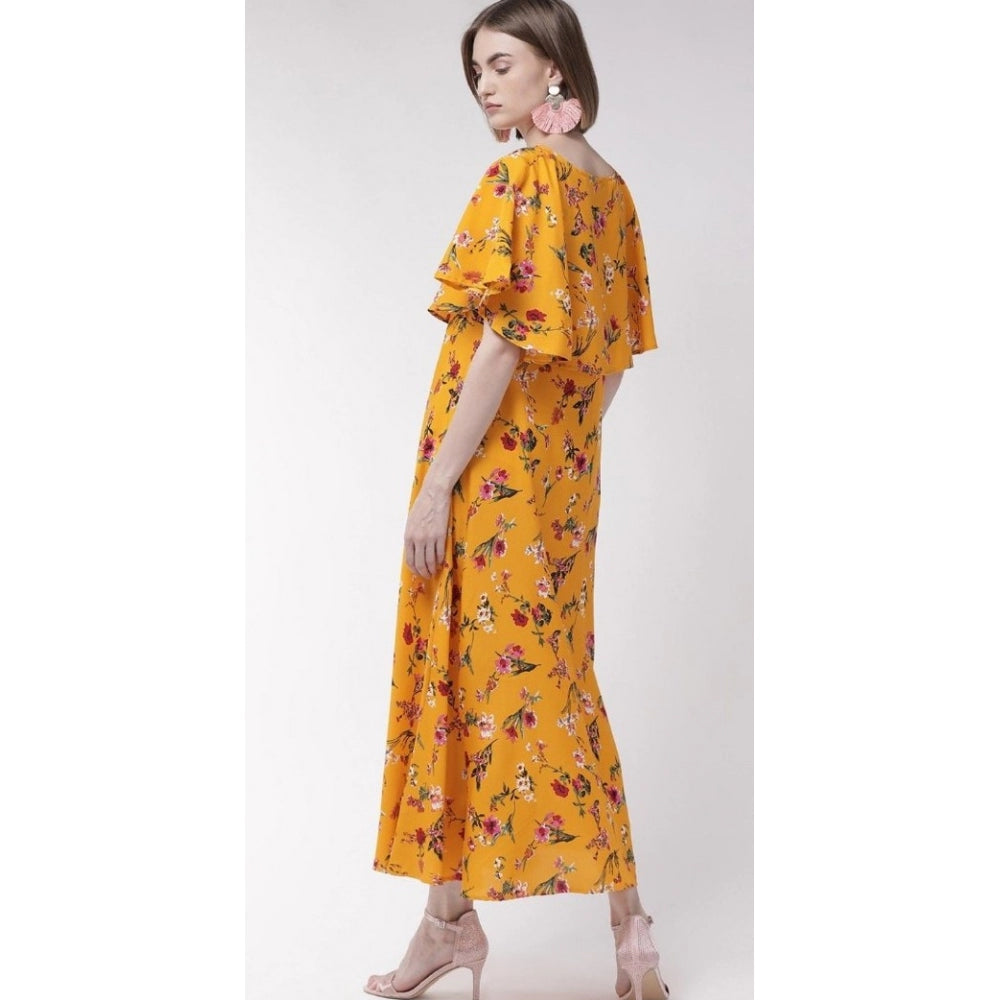 Crepe Floral Half Sleeves Full Length Gown(Yellow)