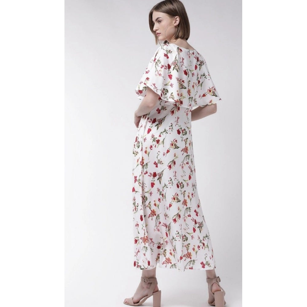 Crepe Floral Half Sleeves Full Length Gown(White)