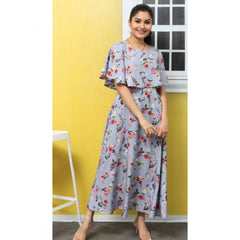 Crepe Floral Half Sleeves Full Length Gown(Light Grey)