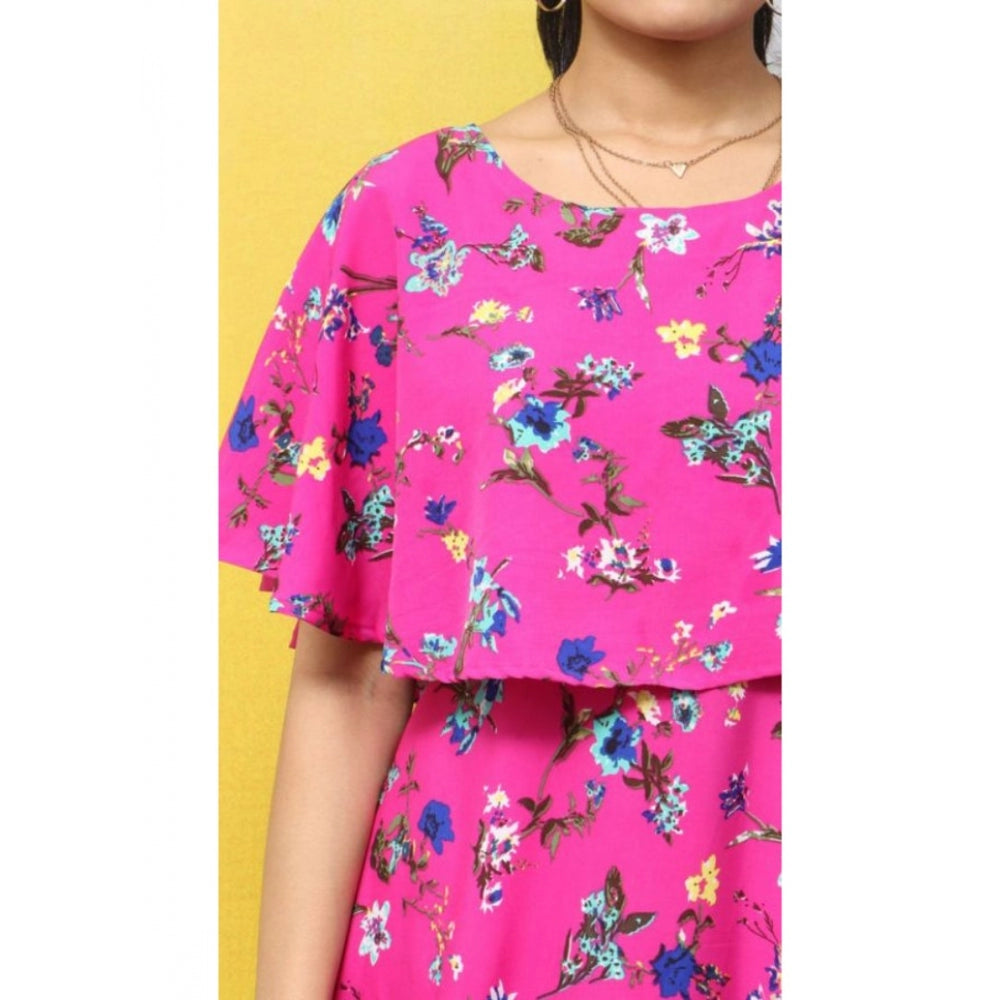 Crepe Floral Half Sleeves Full Length Gown(Pink)