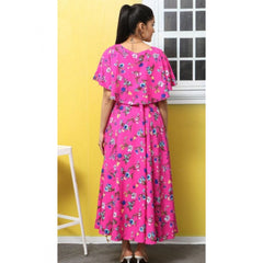 Crepe Floral Half Sleeves Full Length Gown(Pink)