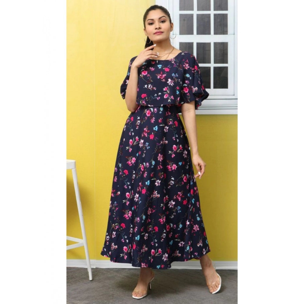 Crepe Floral Half Sleeves Full Length Gown(Dark Blue)