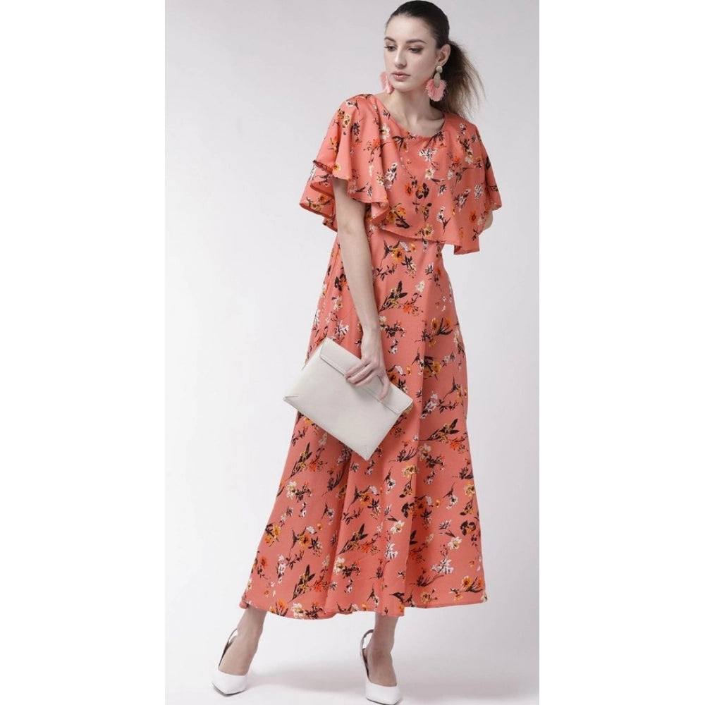 Crepe Floral Half Sleeves Full Length Gown(Orange)