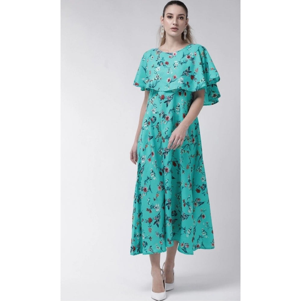 Crepe Floral Half Sleeves Full Length Gown(Turquoise)