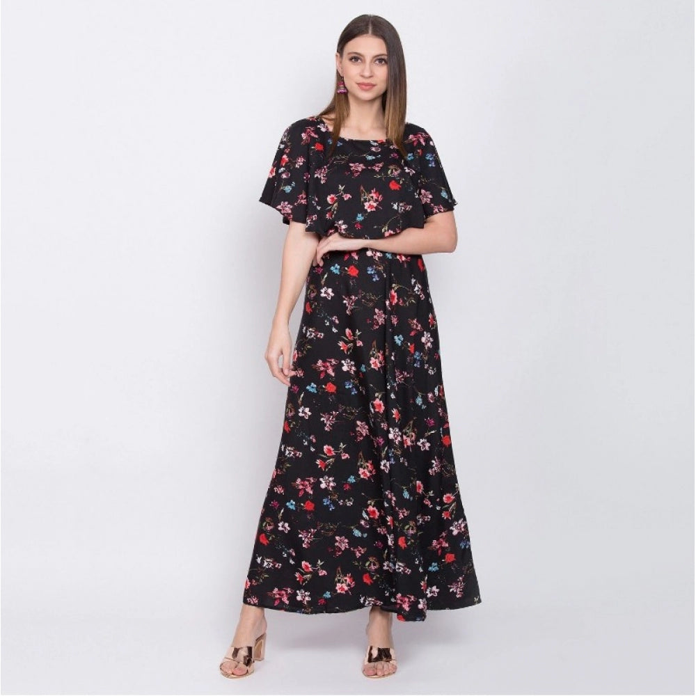 Crepe Floral Half Sleeves Full Length Gown(Black)