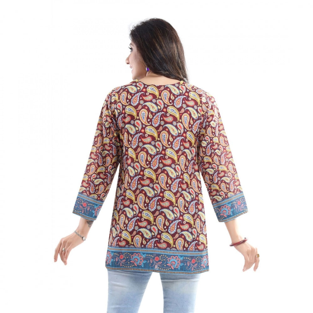 Quarter Sleeve Faux Crepe Printed Short Kurti Tunic Top (Color:Maroon)