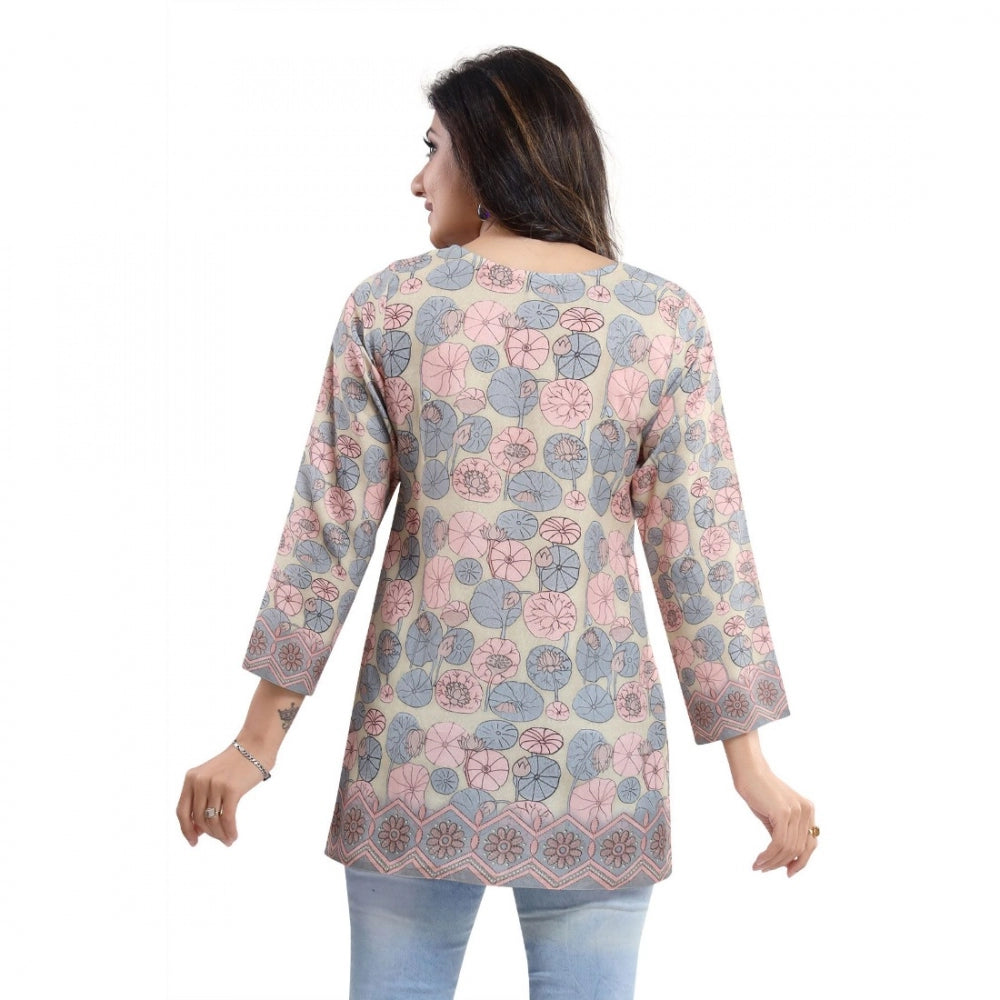 Quarter Sleeve Faux Crepe Printed Short Kurti Tunic Top (Color:Pastel)