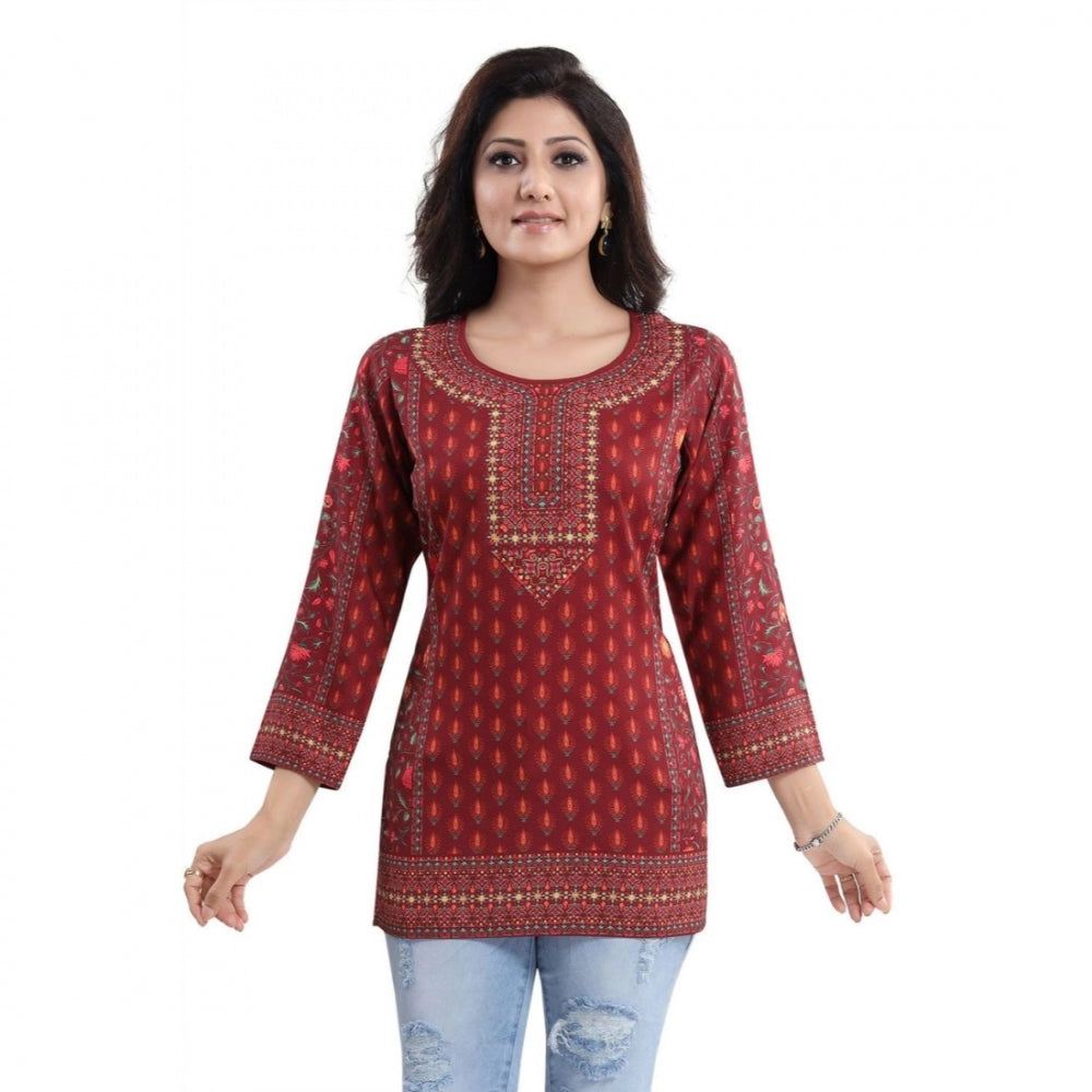 Quarter Sleeve Faux Crepe Printed Short Kurti Tunic Top (Color:Red)