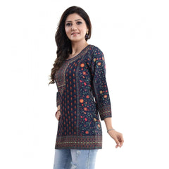 Quarter Sleeve Faux Crepe Printed Short Kurti Tunic Top (Color:Blue)