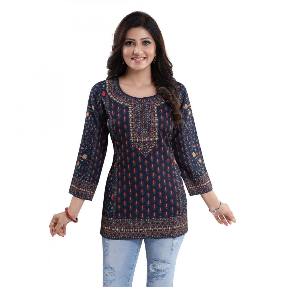 Quarter Sleeve Faux Crepe Printed Short Kurti Tunic Top (Color:Blue)