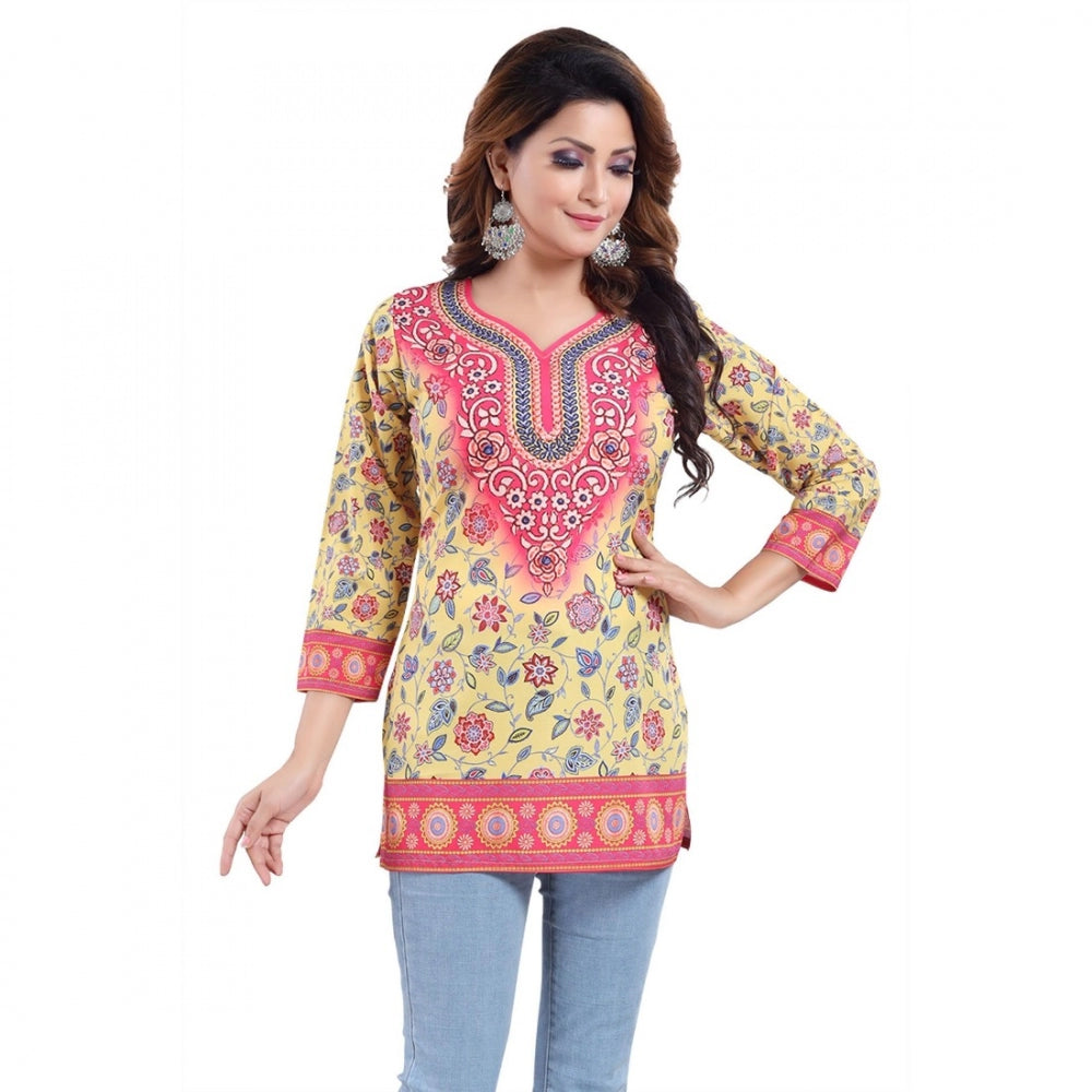 Quarter Sleeve Faux Crepe Printed Short Kurti Tunic Top (Color:Yellow)