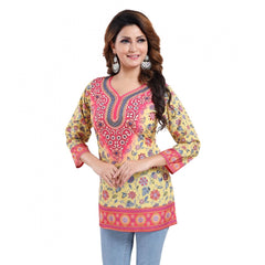 Quarter Sleeve Faux Crepe Printed Short Kurti Tunic Top (Color:Yellow)