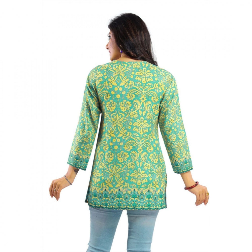 Quarter Sleeve Faux Crepe Printed Short Kurti Tunic Top (Color:Green)