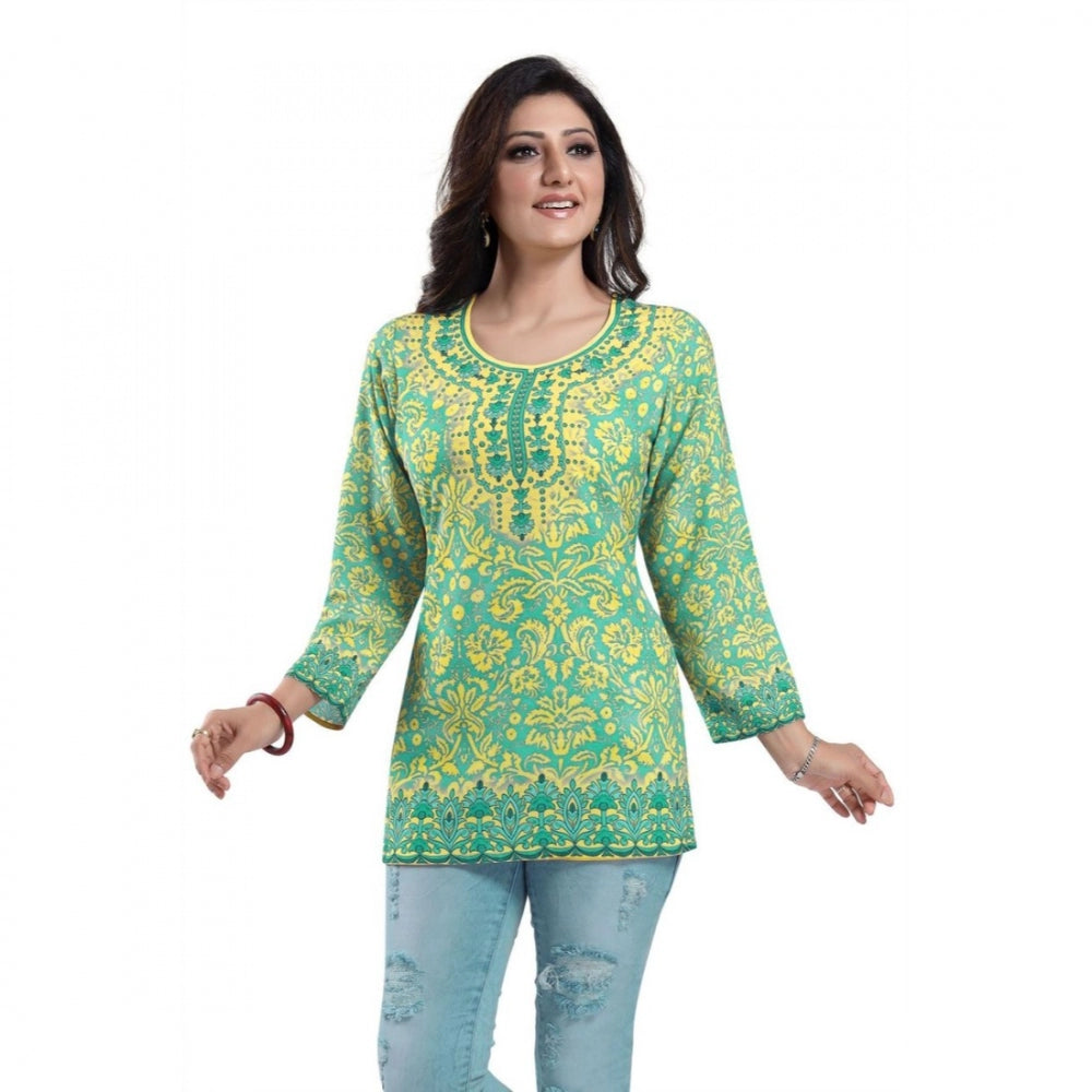 Quarter Sleeve Faux Crepe Printed Short Kurti Tunic Top (Color:Green)