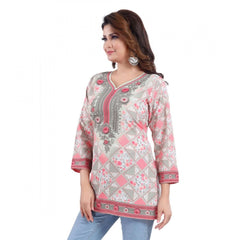 Quarter Sleeve Faux Crepe Printed Short Kurti Tunic Top (Color:Pink)