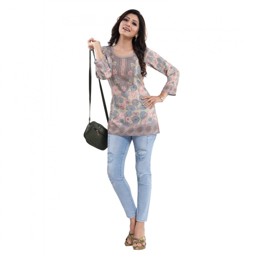 Quarter Sleeve Faux Crepe Printed Short Kurti Tunic Top (Color:Pastel)