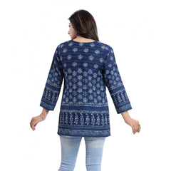 Quarter Sleeve Faux Crepe Printed Short Kurti Tunic Top (Color:Blue)