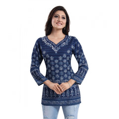 Quarter Sleeve Faux Crepe Printed Short Kurti Tunic Top (Color:Blue)