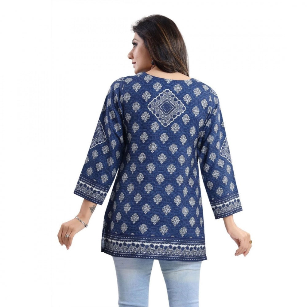 Quarter Sleeve Faux Crepe Printed Short Kurti Tunic Top (Color:Blue)