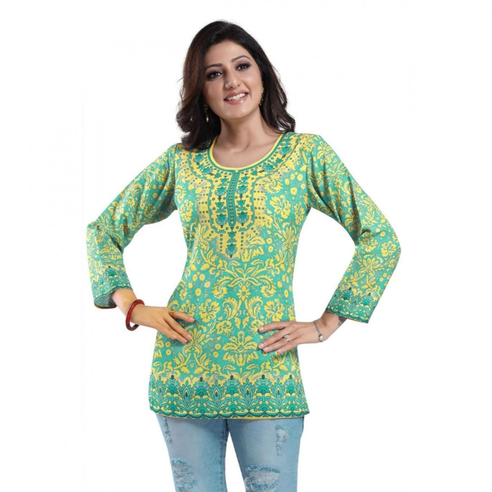 Quarter Sleeve Faux Crepe Printed Short Kurti Tunic Top (Color:Green)