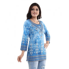 Quarter Sleeve Faux Crepe Printed Short Kurti Tunic Top (Color:Sky Blue)