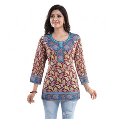 Quarter Sleeve Faux Crepe Printed Short Kurti Tunic Top (Color:Maroon)